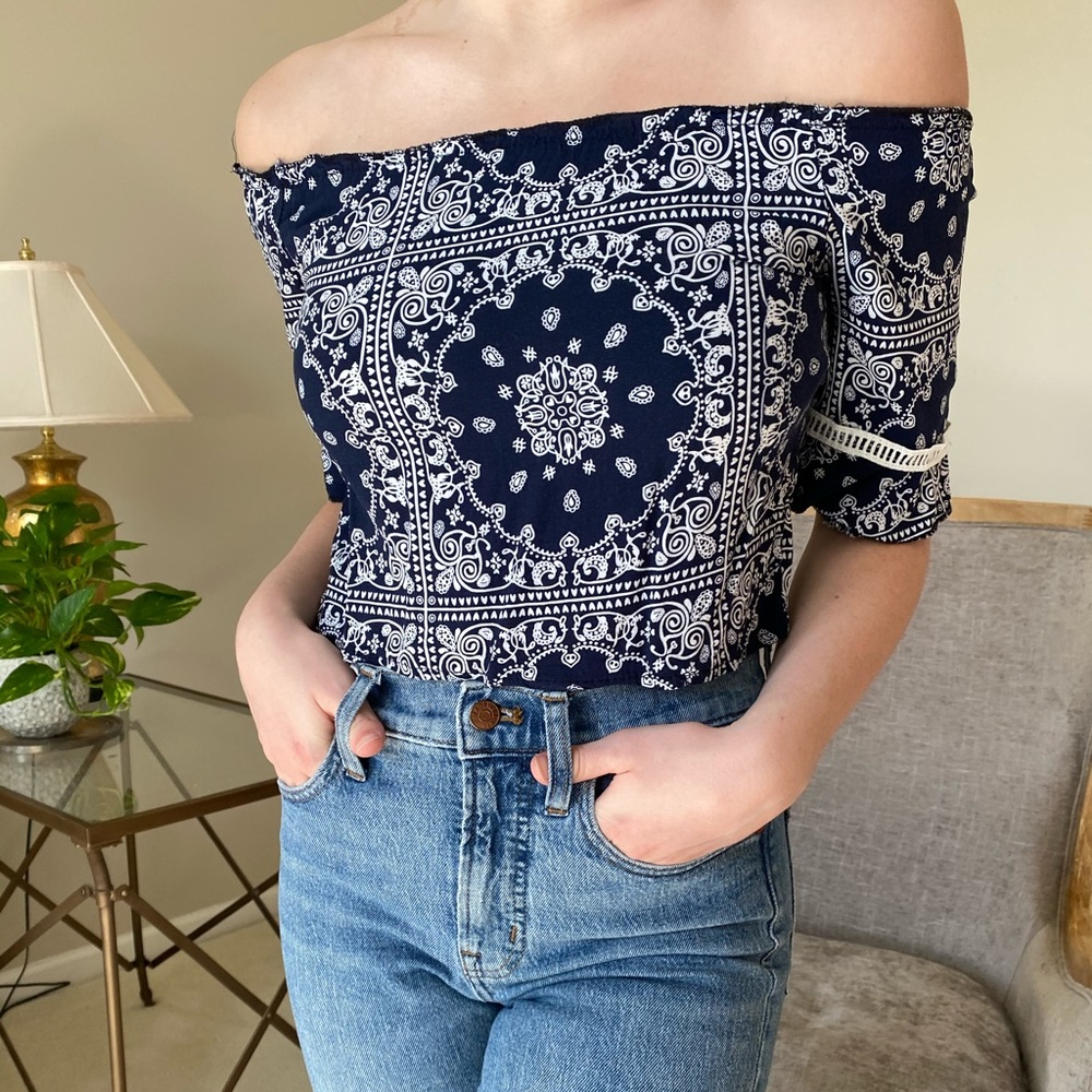 Bohemian Navy Blue Over the Shoulder Blouse